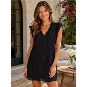 Evereve Black Eyelet Mini Dress Ruffle Sleeve V-Neck Shift with Pockets NWT M